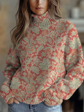Watercolor Retro Floral Pattern Printed Knit Turtleneck Pullover Sweater